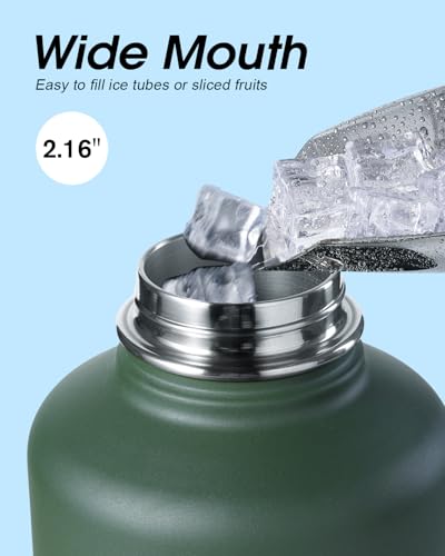 Coolflask 64oz Dark Green Insulated Half Gallon Water Bottle with Straw & Leakproof Lids