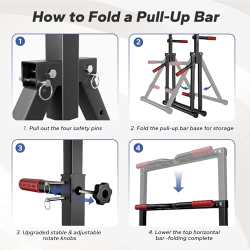 Foldable Adjustable Pull Up Bar - Red Power Tower Dip Station