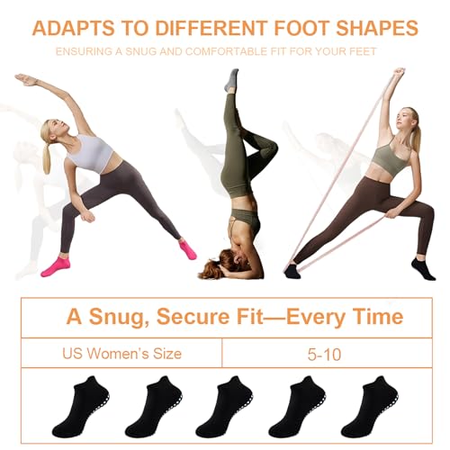 Pilates Socks with Grips - 5 Pairs Non-Slip Yoga Crew Socks - Black