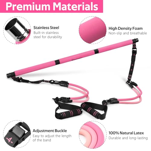 Pilates Bar Kit with 6 Resistance Bands - Adjustable, Pink