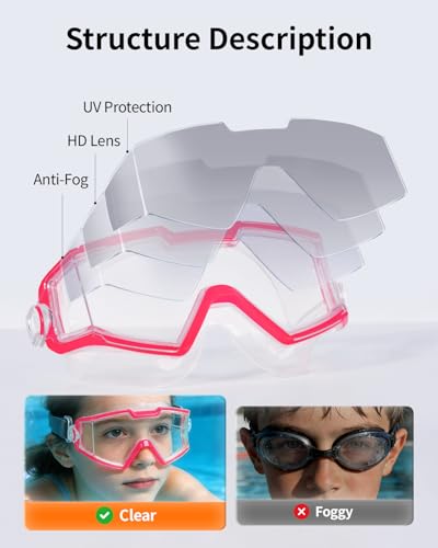 Kids Swim Goggles - Anti-Fog, No Leak, Wide View - Green & Pink