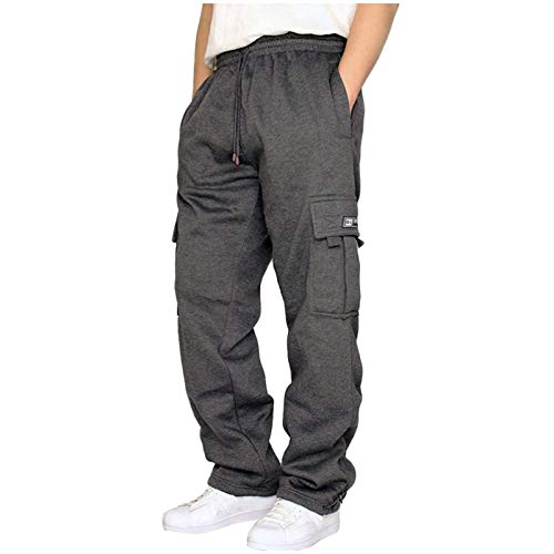 Lasjixion Men's Cargo Sweatpants Dark Grey Medium Open Bottom Fleece Joggers