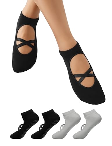 Non-Slip Pilates Yoga Socks with Grips - 4 Pairs - Black & Gray