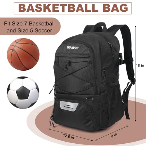 Grandup Basketball Backpack Black Honeycomb with Ball & Shoe Compartments, 28L Sports Bag