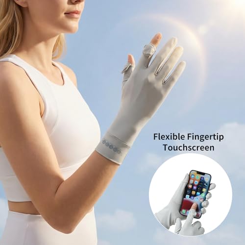UV Protection Sun Gloves for Women - Touchscreen Full Finger, One Size / Greige-A