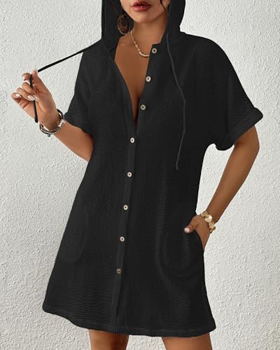 Bsubseach Women's Hooded Beach Cover Up Shirt Dress with Pockets - Large, Black