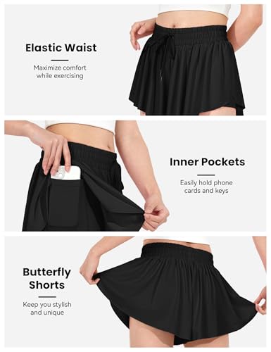 Girls Flowy Butterfly Shorts with Spandex Liner - Black, 10 Years