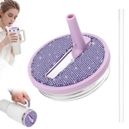 SAVORI 40oz Lilac-Purple Rhinestone Flip Straw Lid for Stanley Quencher H2.0 Tumbler Replacement Leak-Proof Non-Spill