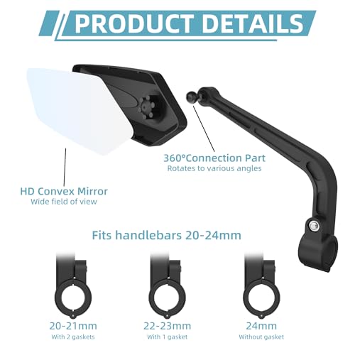 HD Bicycle Mirror for Handlebar 20-24mm - 2 Pack, Wide View, 360° Rotation