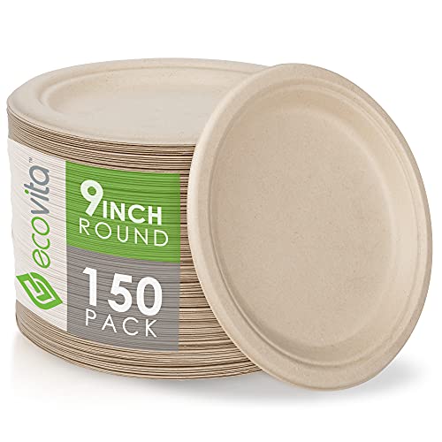 Ecovita Large 100% Compostable Paper Plates - 9 Inch, Eco Friendly, Sturdy, Tree-Free, 150 Pack