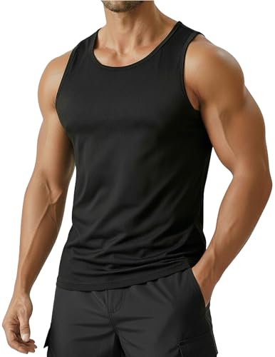 PINSPARK Men's UPF 50+ Quick Dry Tank Tops Athletic Muscle Tee — Medium, Black