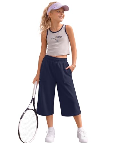 Girls' Wide Leg Capri Pants - Casual Summer Sweatpants with Pockets