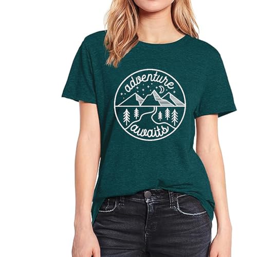 Women Mountain Hiking T-Shirt - Adventure Begins Camping Tee, Small / Green1
