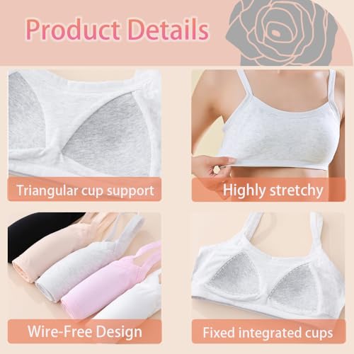 YoBeLove Teen Girls 5 Pack Cotton Wireless Sports Bras - Multicolor 12-16 Years