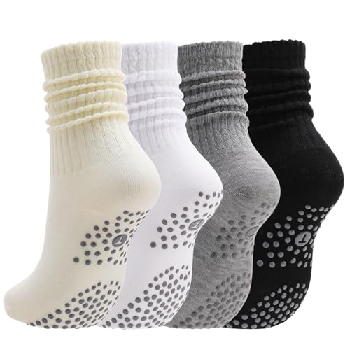 Slouchy Pilates Socks with Grips - 4 Pairs - White, Black, Gray, Off White