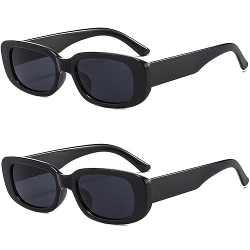 Retro Y2K Rectangle Sunglasses - 2 Pack Black Frame/Grey Lens