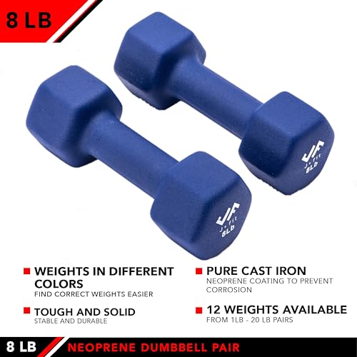 JFIT 8 lb Dumbbell Pair – Neoprene & Vinyl Coated Free Weights for Home Gym