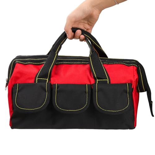 3 Pack 13 Inch Tool Bag, Wide Mouth Tool Tote Bag with Waterproof Base, Heavy Duty Tool Storage Bag Organizer for Various Tools, 5 Pockets, Blue, Yellow, Red