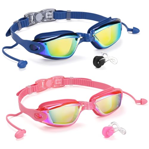 Aegend 2 Pack Swim Goggles for Adults No Leak with Storage Case - Navy Blue & Rose Red