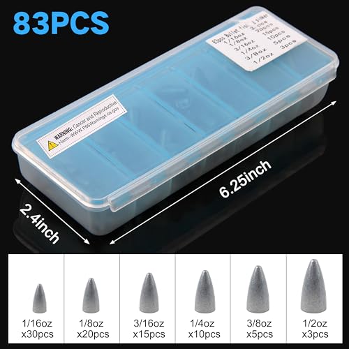 83pcs Bullet Fishing Sinkers Weights Kit - Assorted Worm Weights for Bass Saltwater Fishing