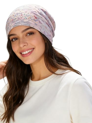Light Pink Rhinestone Lace Beanie for Women - Lightweight Fashion Hat