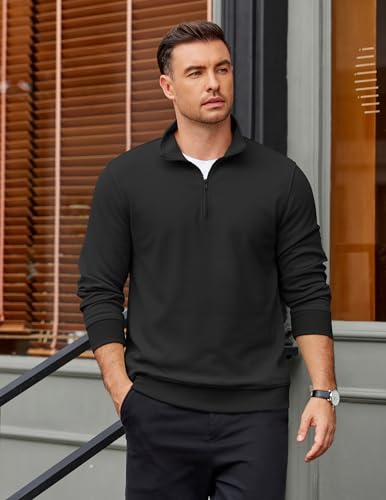 COOFANDY Men’s Quarter Zip Mock Neck Lightweight Sweatshirt Polo Top - Black, Medium