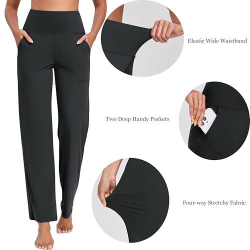 Wide Leg Yoga Pants for Women - High Waist Stretch - Charcoal, Small Long