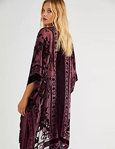 WeHello Women's Burgundy Burnout Velvet Kimono Cardigan with Tassels - Long Cover Up