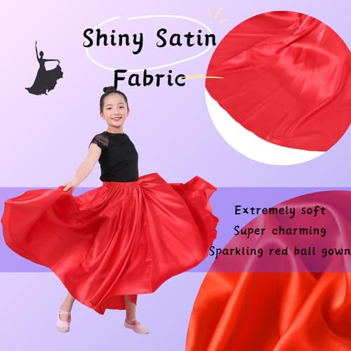 Snowaqua 360 Red Satin Full Circle Dance Skirt for Girls 8-12 Years - Ankle Length Swing Skirt for Belly Dance
