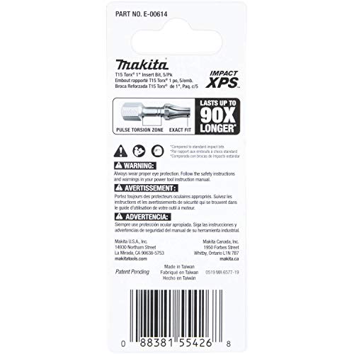 Makita E-00614 Impact XPS¢â T15 Torx 1" Insert Bit, 5/pk