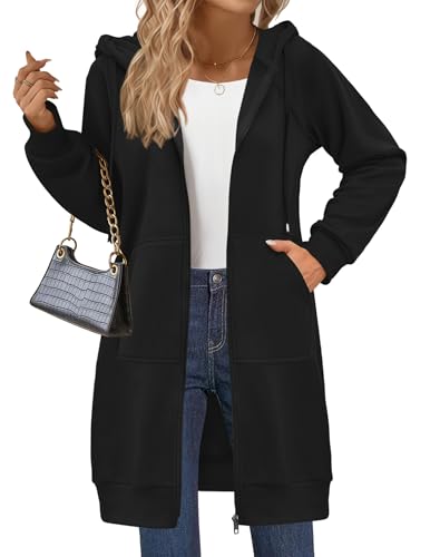 Zeagoo Women's Oversized Zip Up Hoodie Tunic Black Large - Long Sleeve Sweatshirt