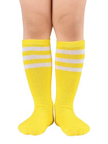 Kids Knee High Soccer Socks - Cotton Sports Stockings, Yellow & White, 1 Pair for Ages 3-6