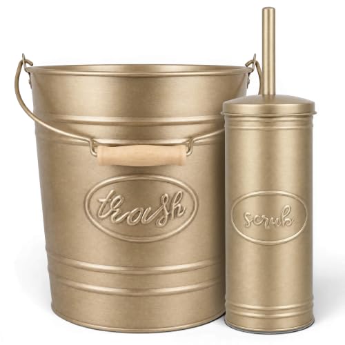 Autumn Alley Rustic Farmhouse Bathroom Trash Can & Toilet Brush Set - Antique Gold, 2 Gal.