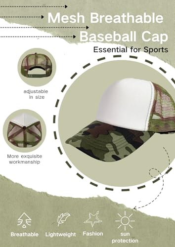 Oakfarm 12 Pcs Sublimation Blank Trucker Hats Bulk Mesh Snapback Caps One Size / Camo White