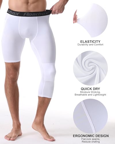 Men's One Leg Compression Pants - 3/4 Athletic Tights with Pockets - Large Left Single Pack - White
