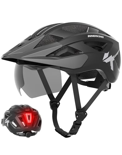 Lightweight Adult Bike Helmet with Rear Light & Goggles - Black, Large