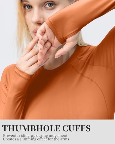 Women's Compression Long Sleeve Workout Shirt with Thumb Holes - Orange, X-Large