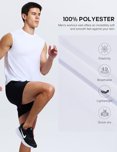 Men's Quick Dry Sleeveless Workout Tank Top - Large, White