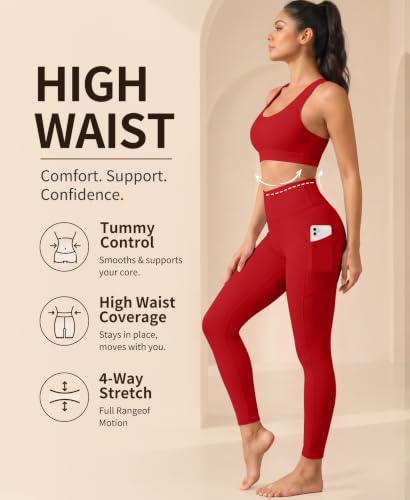 High Waisted Buttery Soft Leggings for Women - Two Pocket, XX-Large, Red