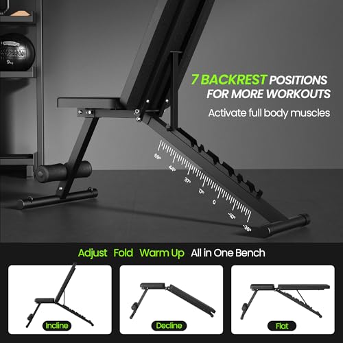 Adjustable Weight Bench - Foldable Incline Decline Flat Bench with Resistance Bands for Strength Training