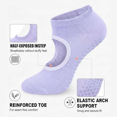 Pilates Socks for Women - 6 Pairs Non-Slip Grip - Black, Pink, Silver Gray, Purple