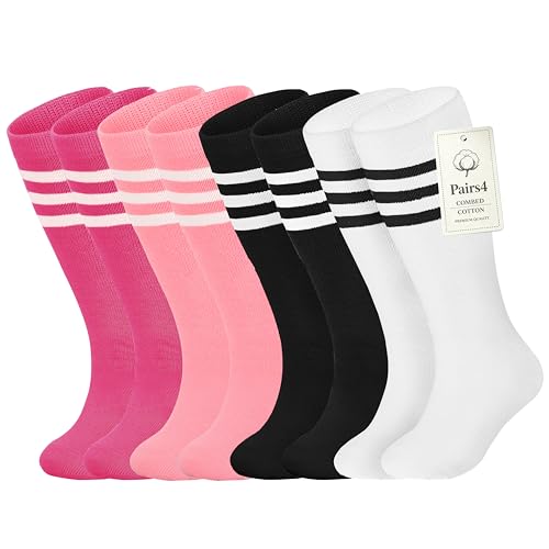 Kids Halloween Striped Knee-High Socks - 4 Pairs, 3-6 Years, White+Black+Pink+Deep Pink
