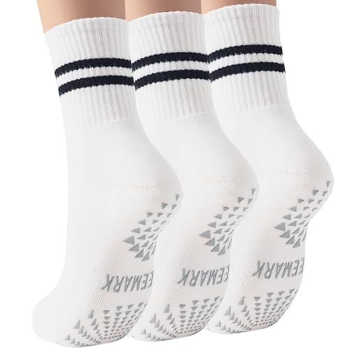 Non-Slip Women's Pilates Yoga Socks - Ankle Socks, 3 Pack White Stripes