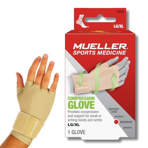 Mueller Large/X-Large Compression Glove for Hand & Wrist Pain Relief, Support, Arthritis, Carpal Tunnel - Beige