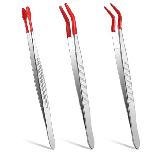 Rubber Tipped Tweezers, 3 Pcs Crafting Tweezers, 5.9 Inch Long Tweezer for Crafts, Stamps, Garden, Jewelry, DIY, Hobby, Electronics, Flat Straight & Bent Tips (Silver, Red)