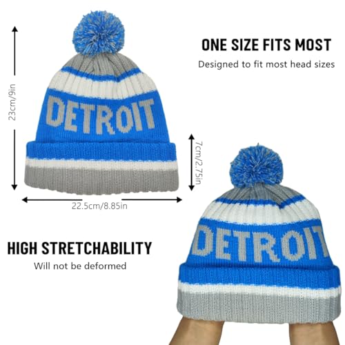 Detroit Beanie Knit Hat with Pom - Winter Cuffed Cap for Fans