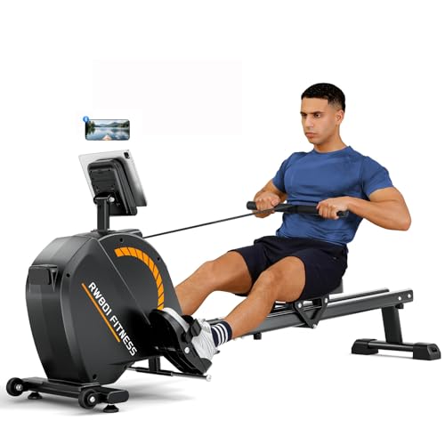 Magnetic Rowing Machine for Home Gym - 350 LBS Capacity, Dual Slide Rail, 16 Levels Resistance, App Supported - Orange Black