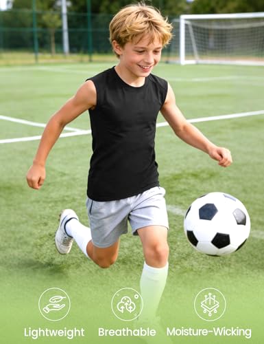 Boys Sleeveless Compression Shirt - Kids Football Undershirt, 11-12 Years / Black