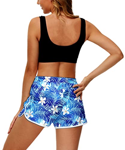 Deerose Women's Blue Leaves Tropical Print Board Shorts with Pockets, Large Size, Beach Swimwear