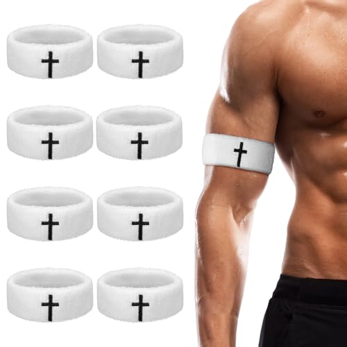 Moisture Wicking Bicep Bands - 8 Pack Christian Cross - White